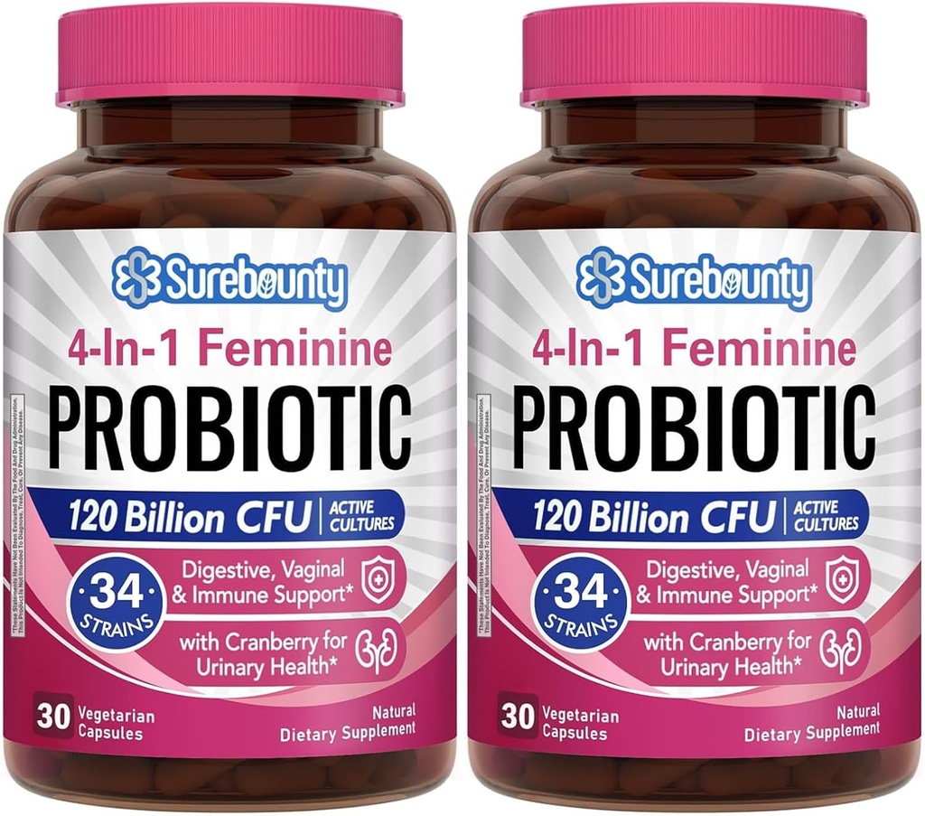 Probiotyki dla kobiet, 120 Miliard CFU 34 Szczepy, Prebiotyki, Enzymy trawienne, Żurawina, 4- in-1 Probiotyk kobiecy, Digestive, Waginal, Wsparcie immunologiczne, 60ct (Opakowanie 2)