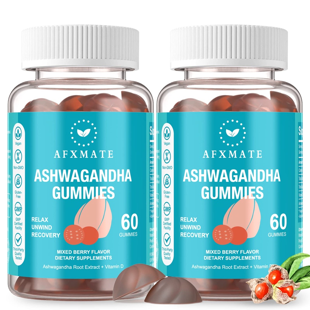 AFXMATE Gummie Ashwagandha & Gummie witaminy D dla mężczyzn i kobiet 120 Hrabia Aswangdha suplement (Non-GMO, Sugar Free & Gluten Free)