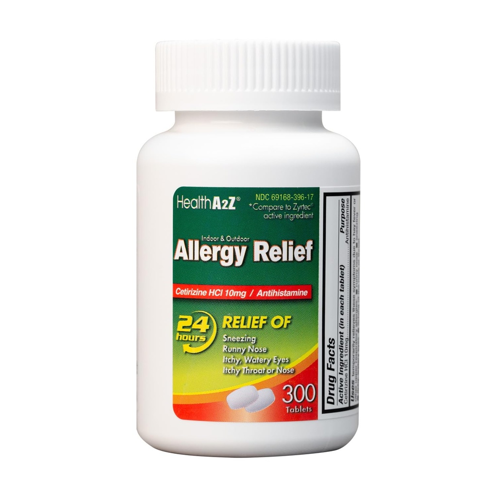 HealthA2Z ® Ulga alergiczna 124; Cetirizyna 10 mg 124; All Day Ulga alergiczna 124; Wewnętrzna i zewnętrzna ulga 124; Ulga od swędzącego gardła, kichanie, katar (300 liczenie (1 paczka))