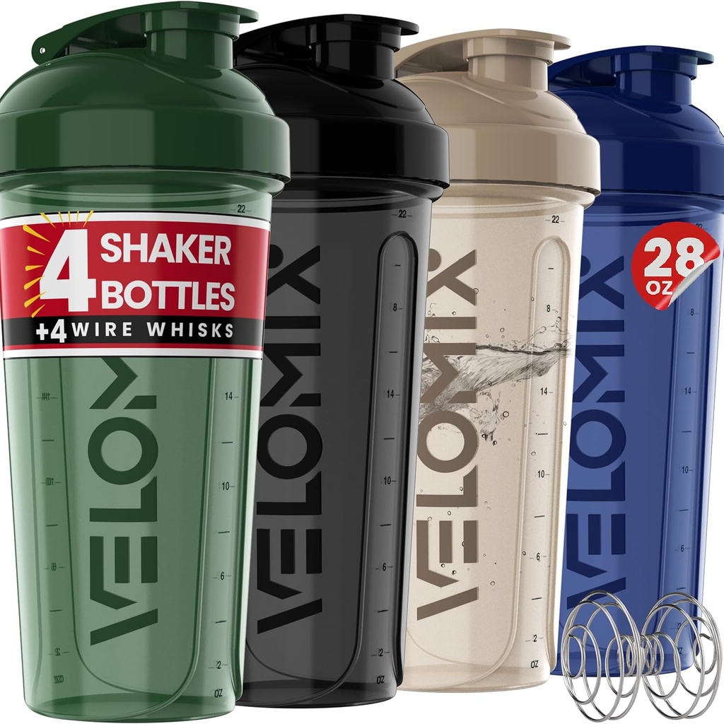 VELOMIX - 4 opakowania - 28 oz Shaker Cups for Protein Shakes - 4x Wire Whisk Between 124; Butelki z białkami przeciwsłonecznymi do mieszania białek 124; Butelki z protein Shaker Pack 124; Butelki z protein Between Shakes (Forest Edge)