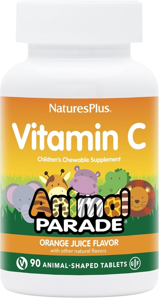 NaturesPlus Animal Parade Witamina C Dzieci do żucia - Naturalny sok pomarańczowy Flavor - 90 Animal- shaped Tablets, Opakowanie 2 - Wegańskie, Wegetariańskie, Gluten Free - 90 Razem Sługi