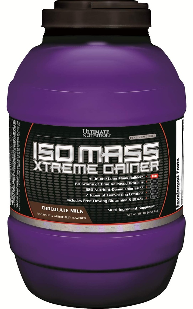 Ultimate Nutrition ISO Mass Gainer Xtreme, Gainer Weight Protein Powder z krewnym, 60 Gramy białka, Serwatka Isolate Protein Powder for Lean Muscle Gain, 10 LBS z 30 Słupki, Czekolada