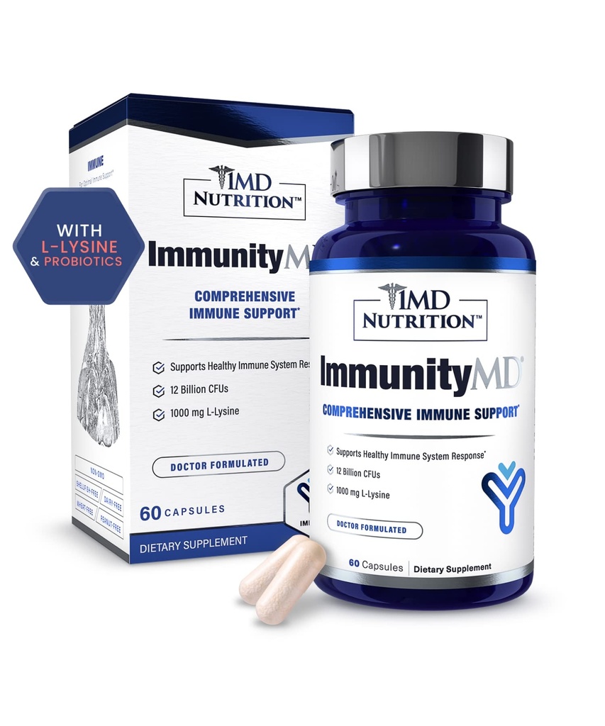 1MD ImmunityMD - Immune Health Probiotic Equipment 124; Potent, Doctor- Wybrane szczepy probiotyczne z prebiotykiem - Promowanie ogólnej odporności układu immunologicznego, Zmniejszenie codziennej presji 124; 60 Kapsułki