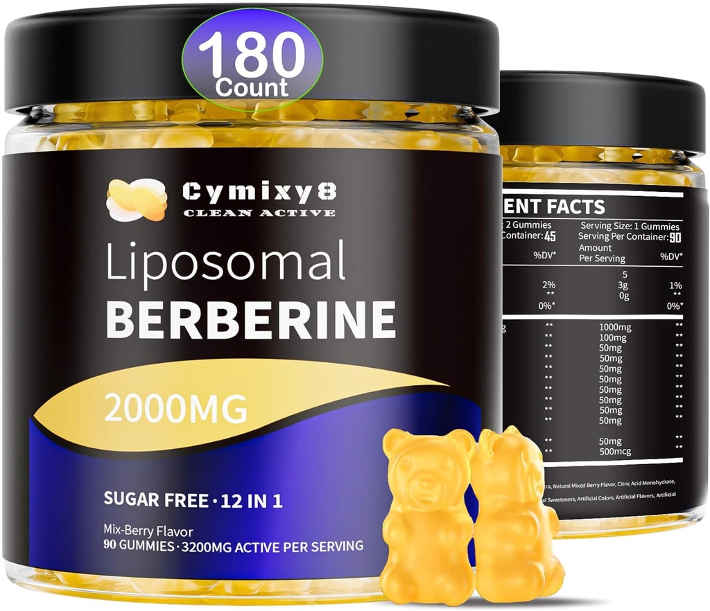 12 w 1 Berberine HCL Gummies- Wysoka Biodostępność Liposomal Berberine Gummies dla kobiet i mężczyzn, Berberine z Ceylon Cynamon & Vegan Suplement - Aktywator AMPK (180 Hrabia)
