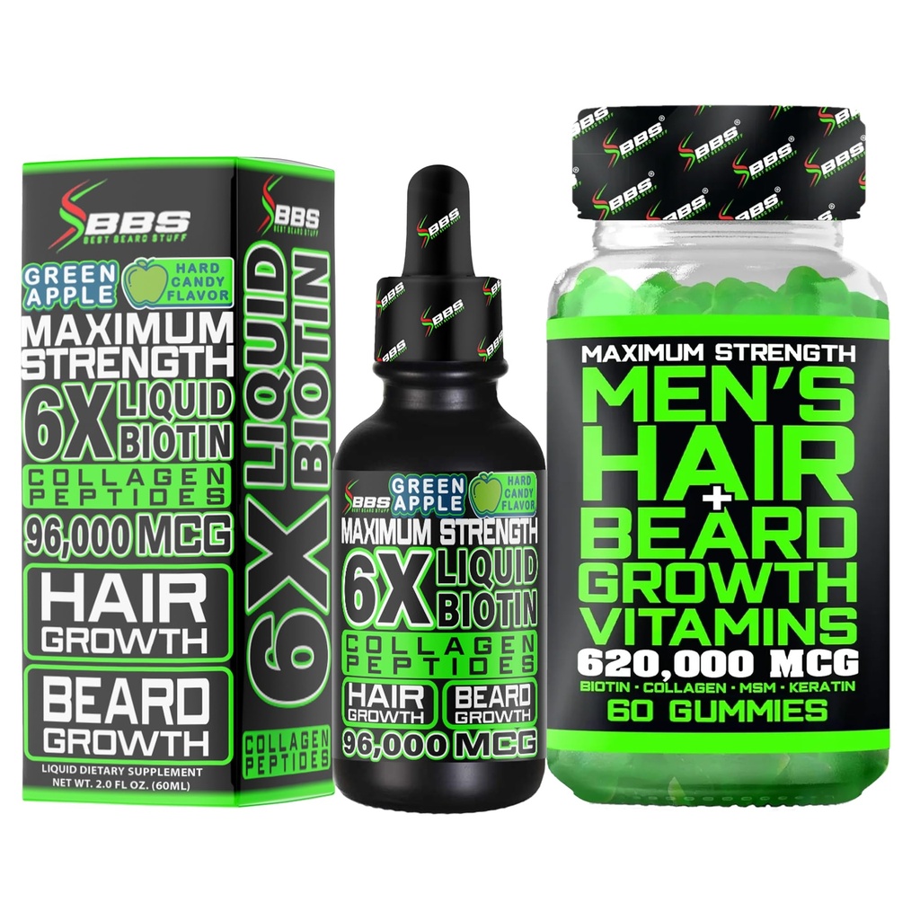 Beard Growth Kit w / 6X Liquid BIOTIN Supplement with Collagen Peptydes + 620,000mcg 14- in-1 BIOTIN Gummies / Beard Growth Vitamin & Hair Growth Vitamin for Men - Formulated in America