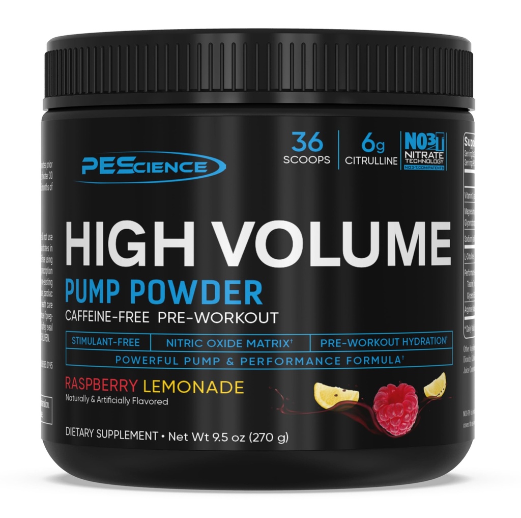 PEScience High Volume Stim- Free Trening Pump Powder, Coffeine- Free L- Citruline & L- Arginine Nitrate, Non-Stim Precuting dla mężczyzn i kobiet - 36 Scoops, Lemoniada malinowa
