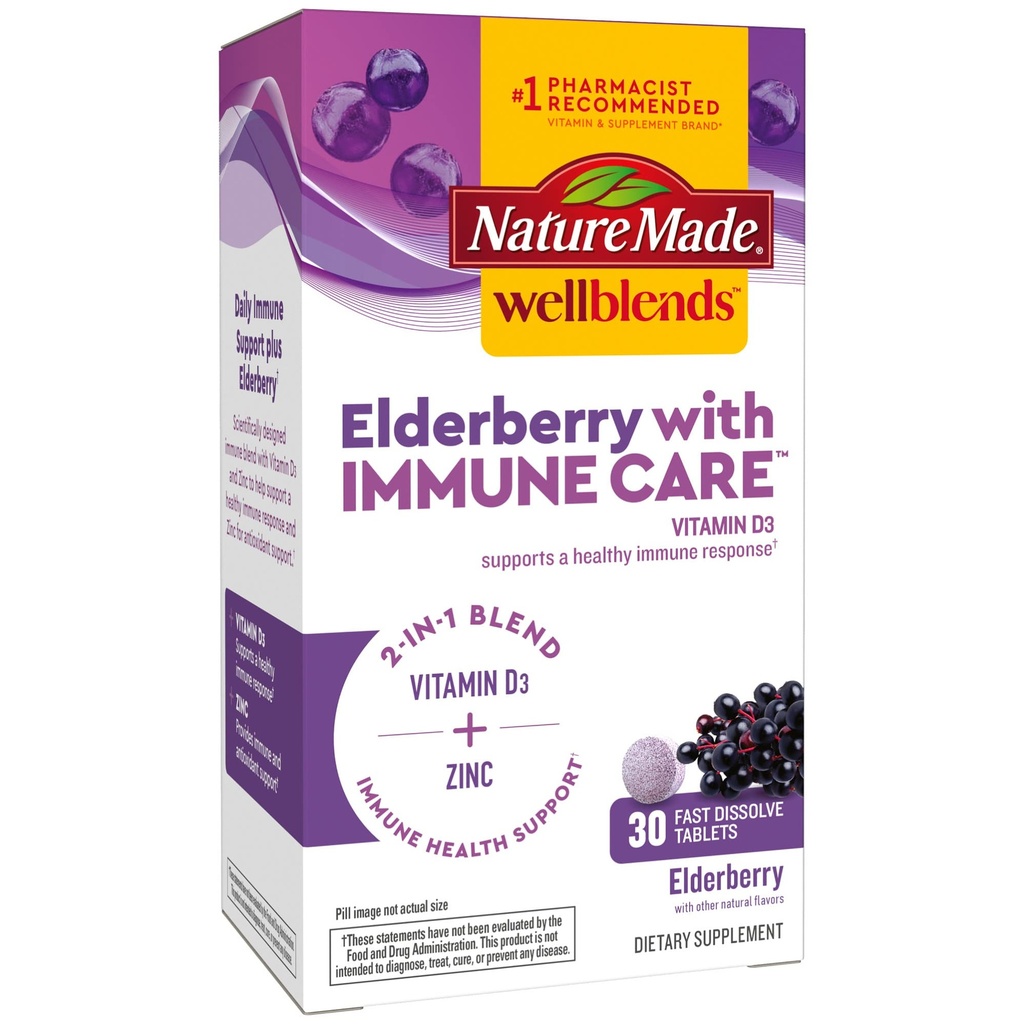Nature Made Wellblends Elderberry z ImmuneCare, Witamina D3 i Cynk, z Elderberry Flavor, 30 Szybko rozpuszczalne tabletki