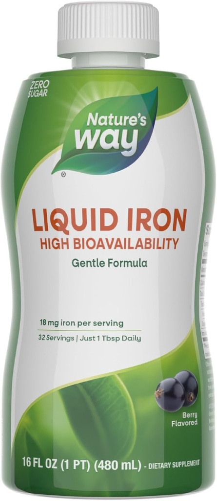 Nature 's Way Liquid Iron, 100% wartości dziennej, 18 mg żelaza jako glicynian żelaza na serwowanie, bez dodatku cukru, Berry Flavored, 16 Fl Oz (Opakowania maja Vary)