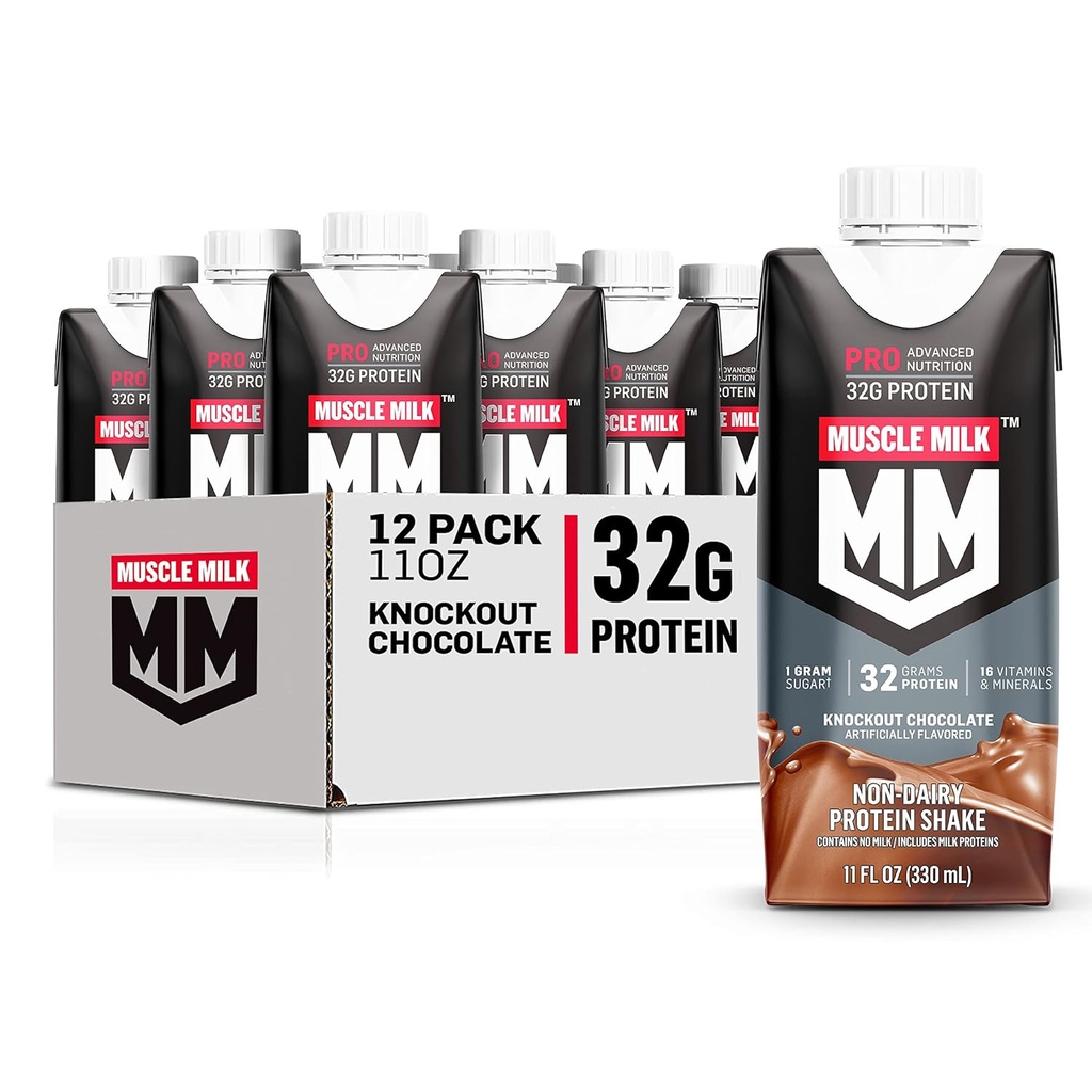 Muscle Milk Pro Advanced Nutrition Protein Shake, Knockout Chocolate, 11 Fl Oz Carton, 12 Pack, 32g Protein, 1g Sugar, 16 Vitamin & Minerals, 5g Fiber, Recout Workout, Packaging May Vary