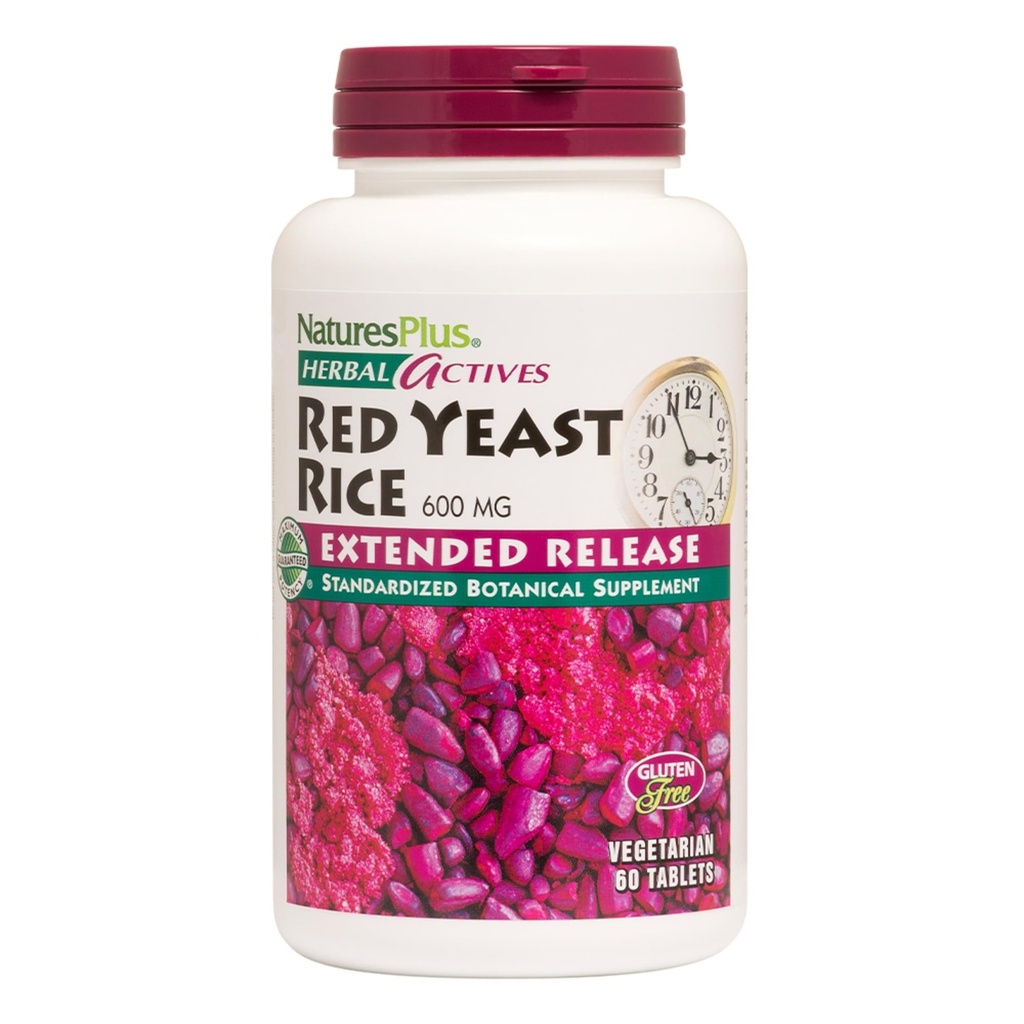 NaturesPlus Herbal Actives Red Yeast Rice, Rozszerzone wydanie - 600mg, 60 Vegan Tablets - Suplement ziołowy - Cholesterol Support - Wegetarianin, Gluten- Free - 60 Servings