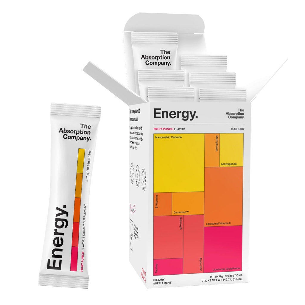 Wchłanianie Firma Energy Drink w proszku Pakiety - Czysta energia Booster do wspierania alertywności z 150mg naturalnej kofeiny i witaminy C - Fruit Punch Flavor, 14 Sticks