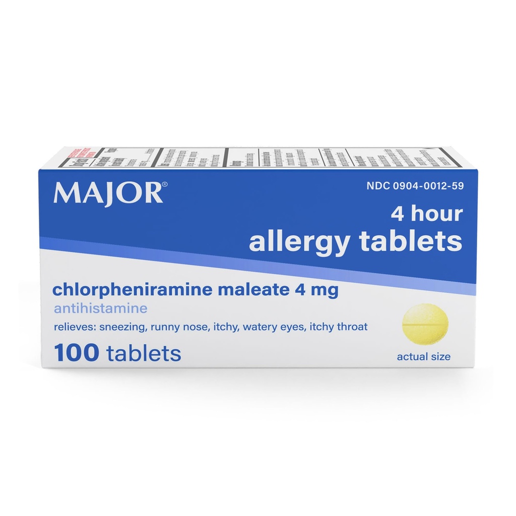 MAJOR 4 Mg tabletki alergiczne - Chlorfeniramina Maleinian 4-godzinny alergia Medycyna - Antyhistamina dla ulgi kiszenia, Swędzacze oczy, Swędzacze Gardło i Nose Runny - 100 Hrabia (1 Pack)