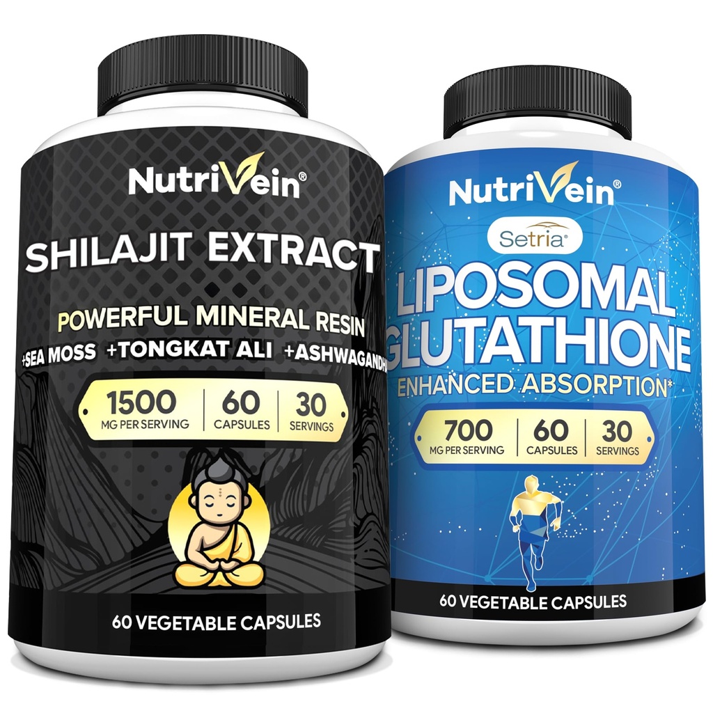 Żywotna żyłka Premium Kapsułki Shilajit & Liposomal Glutation Supplement Bundle: Wysoka Absorpcja Glutation Liposomal & Shilajit Kapsułki dla mężczyzn i kobiet - Wątroba, Detox, & Witalność
