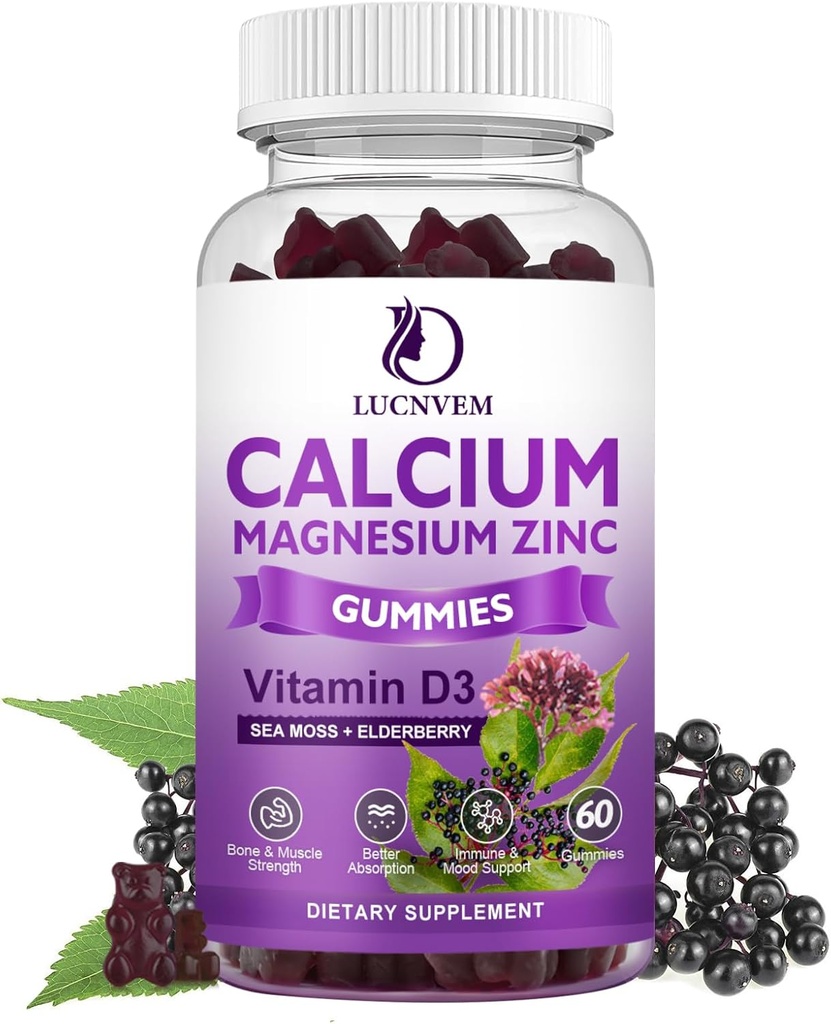 Bezcukrowe Gummeje wapnia Magnezu Cynk z Elderberry i mech morza, Magnez wapnia 2: 1, Glucynian magnezu, Potas i Witamina D3 dla kości, Mięśnie, Spokojny nastrój i wsparcie snu, 60 Gummei