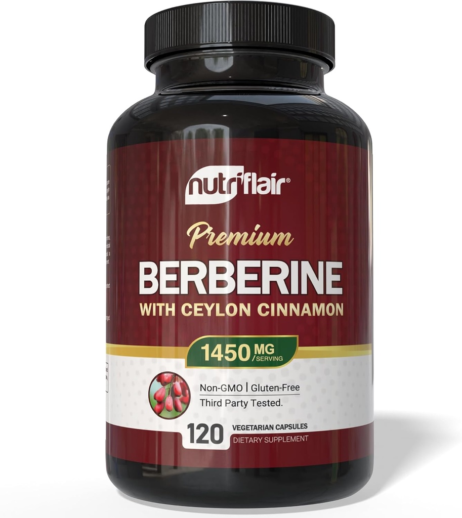 Nutric Flair Berberine z Ceylon Cynamon 1450mg Suplement - 120 Kapsułki 124; Formuła o wysokiej mocy z Berberine HCl & Organic Ceylon Cynamon 124; Non-GMO, Wegan, Gluteny Free