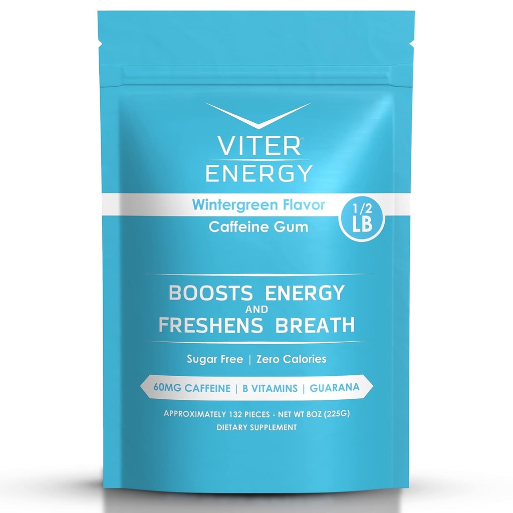 Viter Energy Kofeina Gum 60mg Kofeina, B Witaminy, Guarana, Cukier wolny. (Wintergreen, 8oz, Worek luzem)