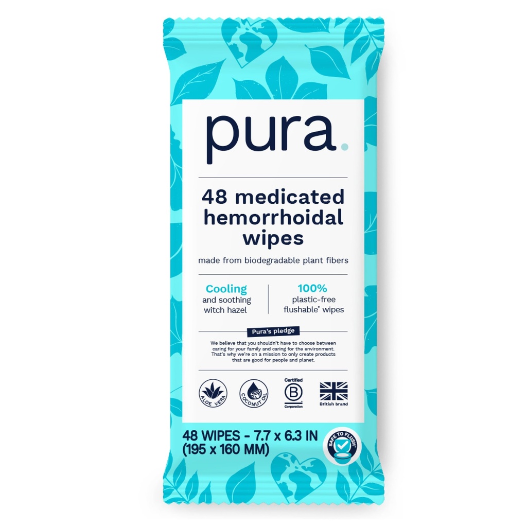 Pura Flushally Hemorrhoid Wipes XL, 48 Hrabia, Medicated with Cooling Witch Hazel, Aloe & Coconut Oil, Szybka ulga, Fragrance- Free, 100% Plastic- Free