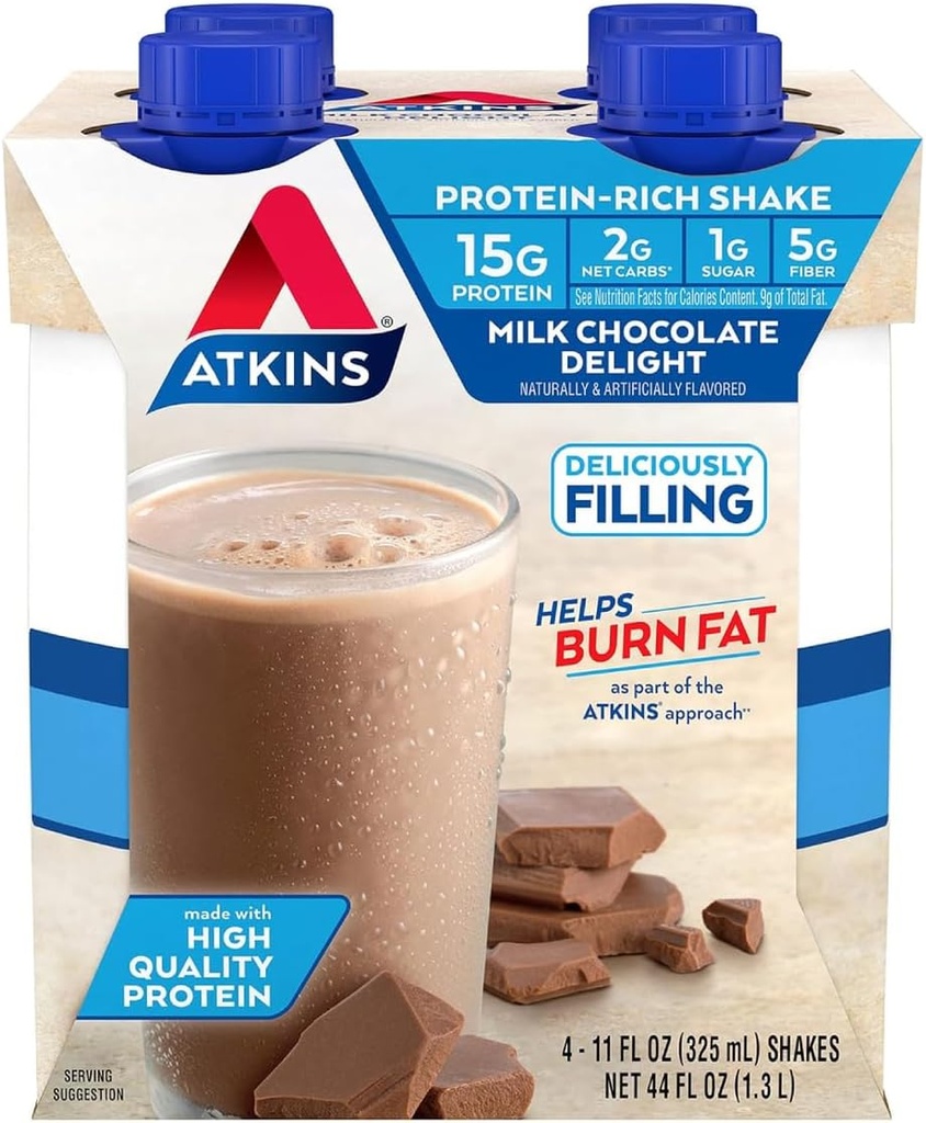 Atkins Milk Czekoladowy Delight Protein Shake, 15 g Protein, Niska Glikemia, 2g Net Carb, 1 g Cukier, Keto Friendly, 4 Count