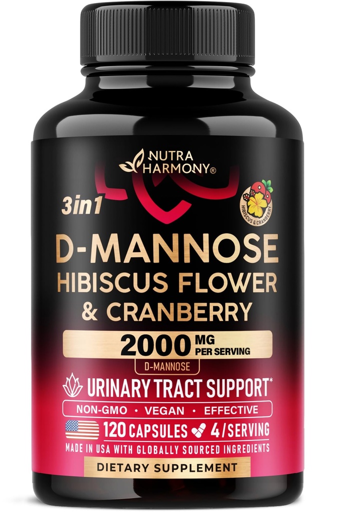 D- Mannose 2000mg z Żurawinem i Hibiscus - Klinicznie testowana siła dla Traktu Urynalnego - Suplement dla Kobiet - Bledder, Wątroba i Wsparcie dla Mikroflory - Made in USA - Wegan, 120 Kapsułki