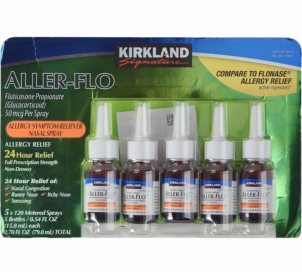 KIRKLAND Podpis Aller- Flo Fluticasone Propionian (Glucorticoid) 5 Butelki x 120 Rozpylacze Metrowe 0,54 Fl OZ na butelkę (15,8 ml x 5) 2,70 OZ Razem (79 ml Razem) 600 Rozpylacze całkowite, 1 - Opakowanie