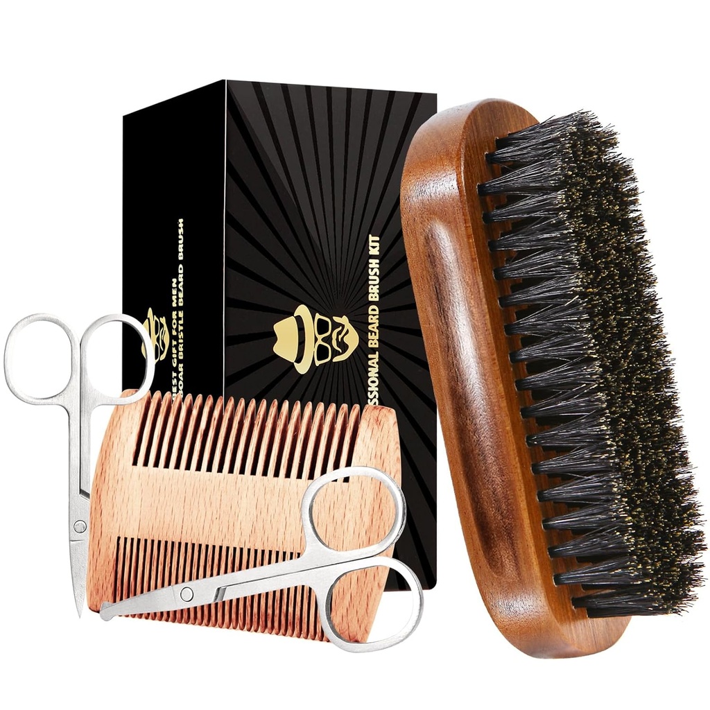 Sosoon Boar Bristle Beard Grooming Set for Men - Prostokątna szczotka, Comb, 2 Nożyczki do wąsów, Worek podróżny