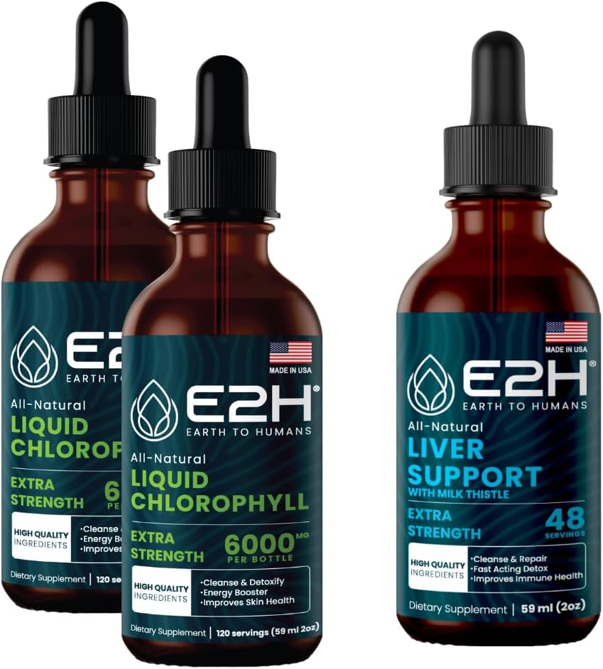 E2H: Krople płynne chlorofilu (2 opakowania - 4 Fl Oz) i suplement wsparcia dla wątroby (pojedyncza butelka - 2 Fl Oz) 124; Wegan, Non-GMO - (6 Fl Oz Total) - Paczka