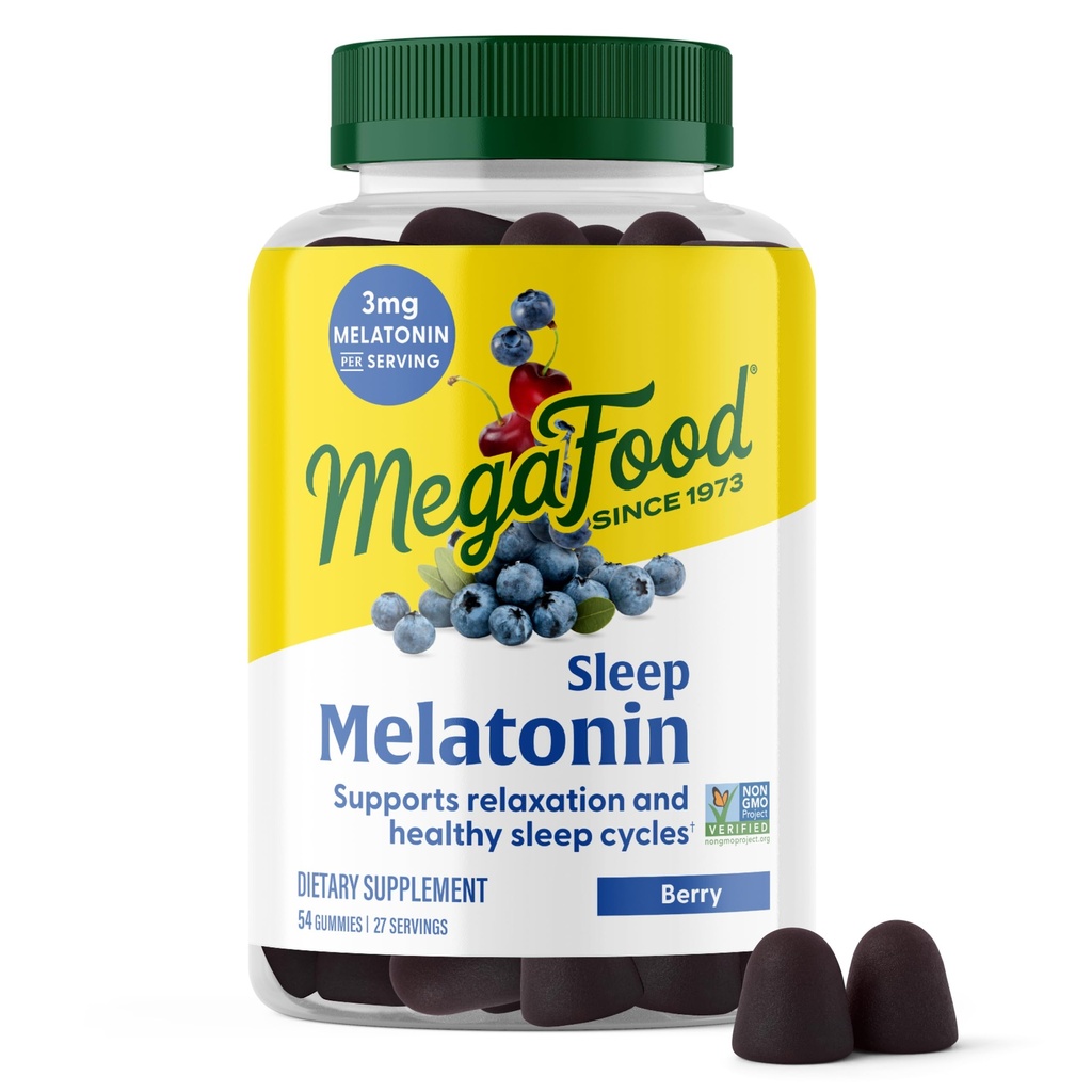 MegaFood Melatonin Gummies - Melatonina 3mg na serwowanie pomóc Relax & Fall Asleep - Sen Gummies dla dorosłych - Berry Flavor, Non-GMO, Certified Vegan - 54 Hrabia (27 Sług)