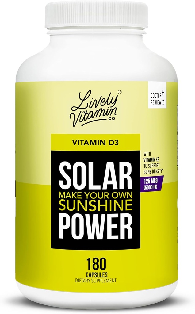 LIVELY VITAMIN CO. Solar Power Witamina D3 5000 iu - Opatentowana Witamina K - MK7 - Równowaga immunologiczna - Funkcja mózgu - Nastrój - Serce - Stres - 180 Liczba