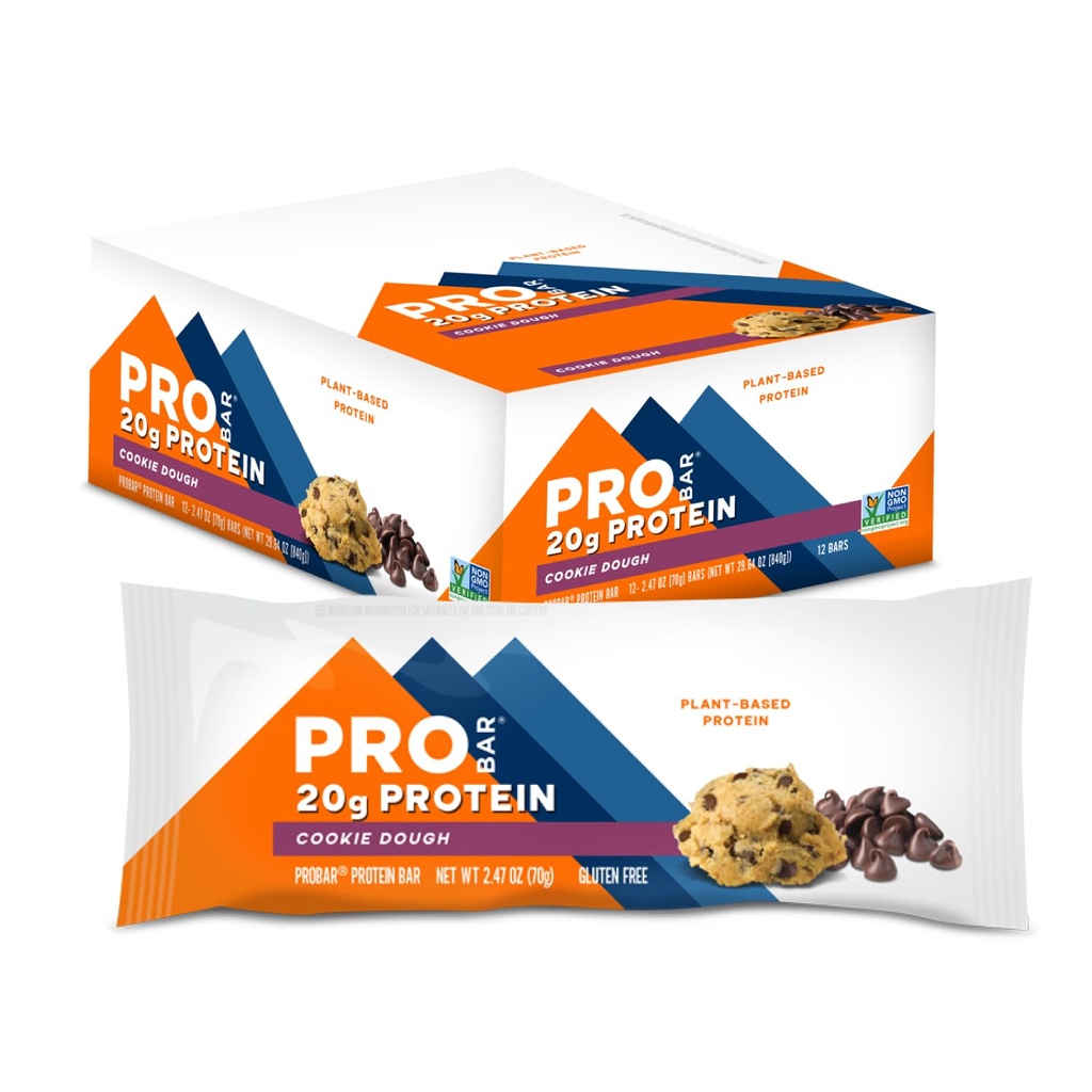 PROBAR - bar PROTEIN, Cookie Dugh, Non-GMO, Gluten- Free, Healthy, Plant- based, Składniki żywności, Natural Energy (12 Count)