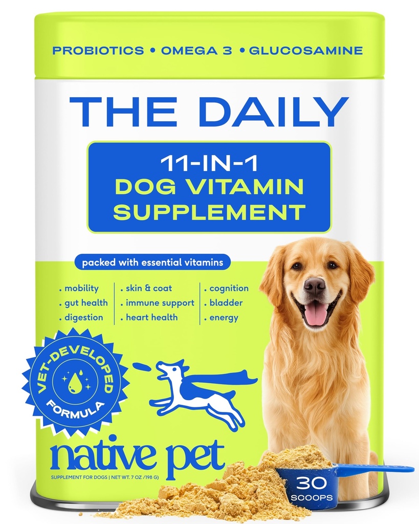 Native Pet Dog Vitamin & Suplementy - 11- in-1 Proszek wielowymiarowy dla psów Topper żywności - Kolagen, Glukozamina, Probiotyki, Omega & More- Pomaga zdrowe Gut, Mobilność i ogólne zdrowie -30 Scoops