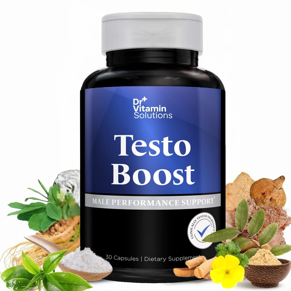DR VITAMIN SOLUTIONS Testo Boost Supplement for Men - Stamina, Endurance & Energy Enhancement - Mężczyzna Testosteron Booster w / Fenugreek, Tribulus, Tongkat Ali, Horny Goat Weed - 30 kapsułki