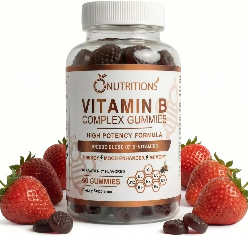 O NUTRITIONS Witamina B Complex Gummies for Women & Men - High Potency B12 (833% DV) & Biotin - Energy, Mood & Metabolic Support - Vegan Strawberry Gummy Vitamin - 60 Gummies, 2- Month Supply