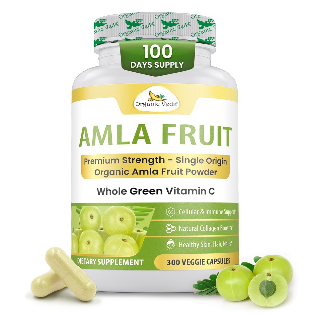 Organic Veda Amla kapsułki - 1500mg, 300 Kapsułki Organic Whole Fruit Amla Proszek - Naturalna witamina C dla odporności, Promieniowanie skóry, Przeciwutleniacze - Wegan, Nie GMO, Surowy suplementy witaminy C