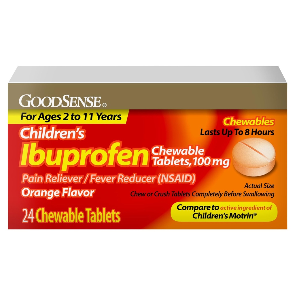 GoodSense Ibuprofen tabletki do żucia dla dzieci, 100 mg, 24 Count, Reliever Pain i Fever Reducer (NLPZ), Tymczasowo zmniejsza gorączkę i łagodzi niewielkie ache i ból