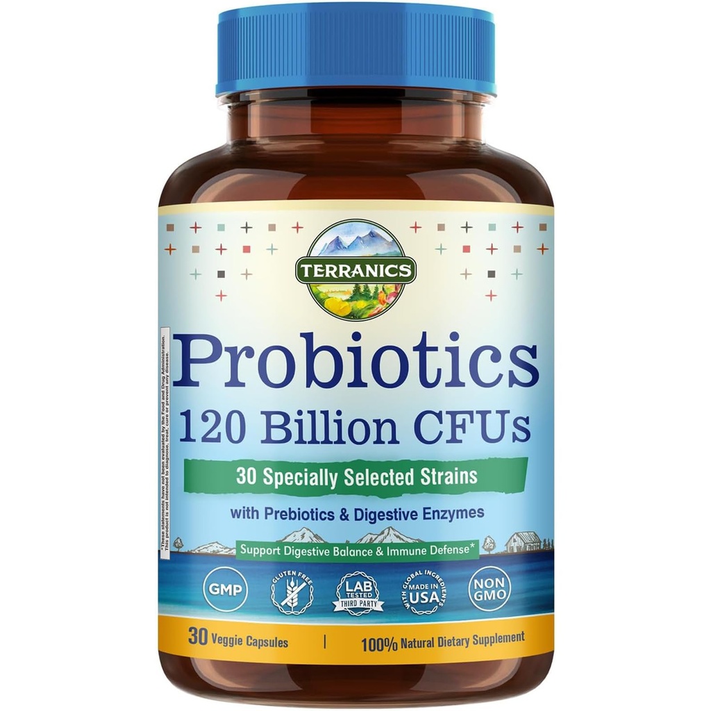 Probiotyki Terranics 120 Miliard z Prebiotyki & Enzymy trawienne, 30 Szczepy Tested, Kompletna trawienie i wsparcie immunologiczne, Non-GMO, NO Soy, Dairy & Gluten, dla mężczyzn i kobiet, 30 Kapsułki wegetariańskie