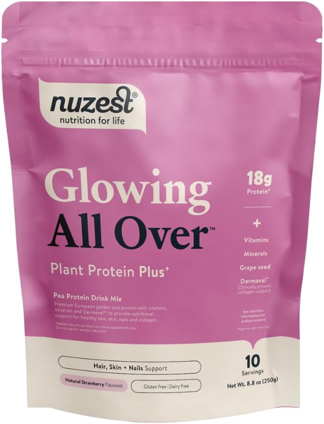 Nuzest Protein Plus Xion124; Gloving All Over Xion124; Strawberry Xion124; Support of Healthy Hair, Skin, Nails and Collagen Production Xion124; Vitamin and Minerals Xion124; 8.8oz / 250g (10 Servings)