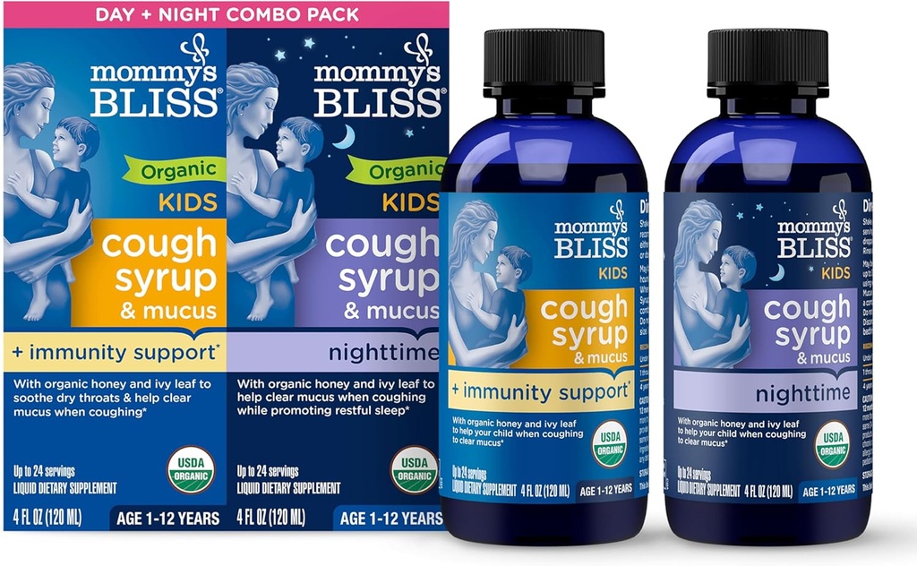 Mamuśka Bliss Organic Cough Syrop & Mucus dla dzieci, dzień i noc Combo Pack z witaminą C i wsparcia odporności, Zawiera organiczny miód i liść Ivy, 4 Fl Oz (Pack of 2)