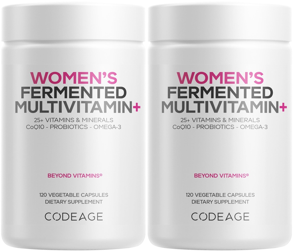 Codeage Women 's Daily Multivitamine, 25 + Witaminy i minerały, Fermentowane, Organic Whole Foods, Suplement Probiotyki - Witamina A, B, C, D, E & K, Omega 3, Cynk - Wegan - 2 Pack