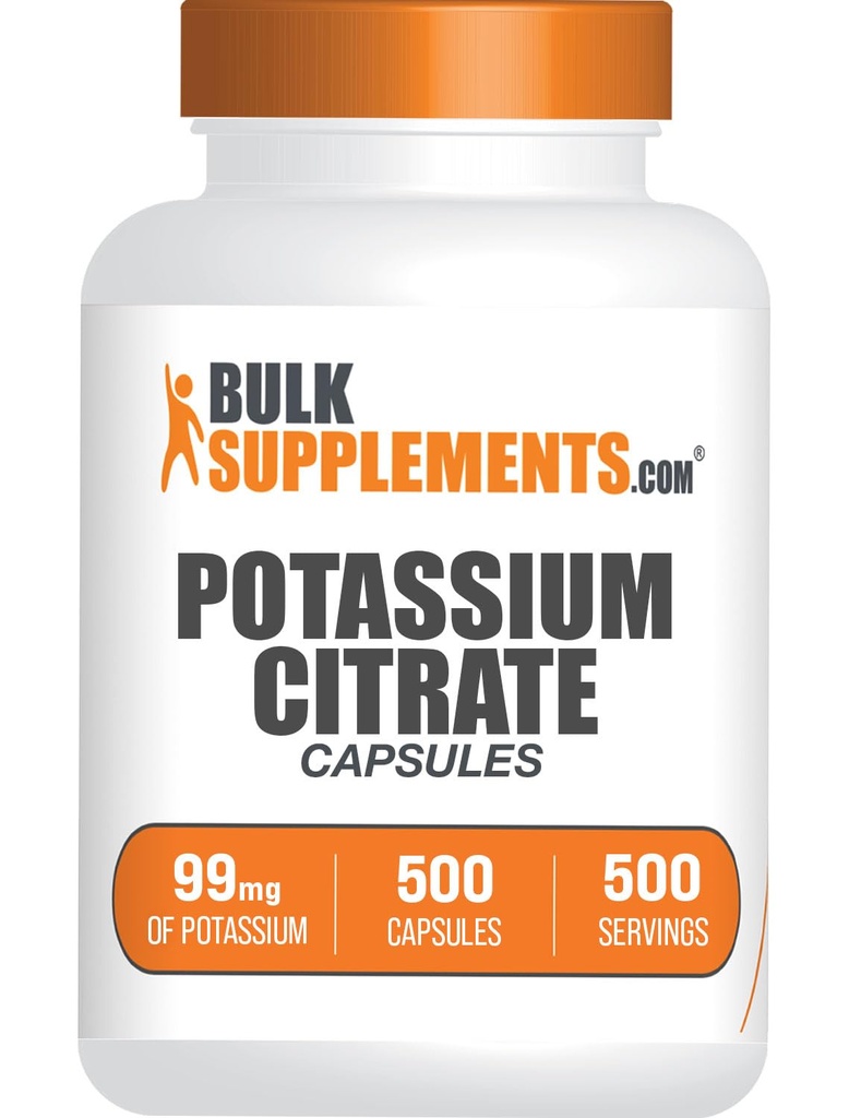 BulkSupplements.com Kapsułki z cytrynianem potasu - Suplement mineralny, Cytrynian potasu 99mg - Bez glutenu, 1 Kapsułka na serwowanie, 500 Ilość (Opakowanie po 1)