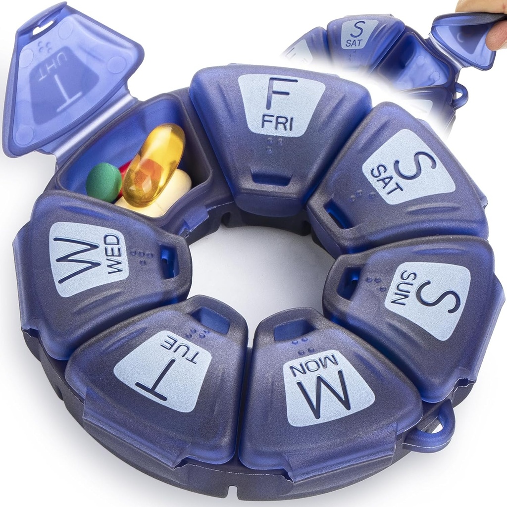 Okrągły Cotygodniowy Pill Organizator, TPU Rubberized, Travel Pill Container 7 dzień, z 7 Duże Komory, Wielki dla codziennych witamin i suplementów, Cute Pill Case z dużymi literami i Braille (niebieski)