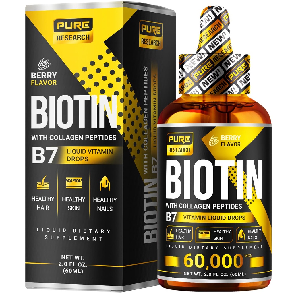 Płynne Biotin & Kolagen Wzrost włosów Krople 60,000mcg - Biotin i Płynny Kolagen Suplement dla mężczyzn i kobiet - Gloving Skin Support, Zdrowe włosy i paznokci Wzrost - 2oz