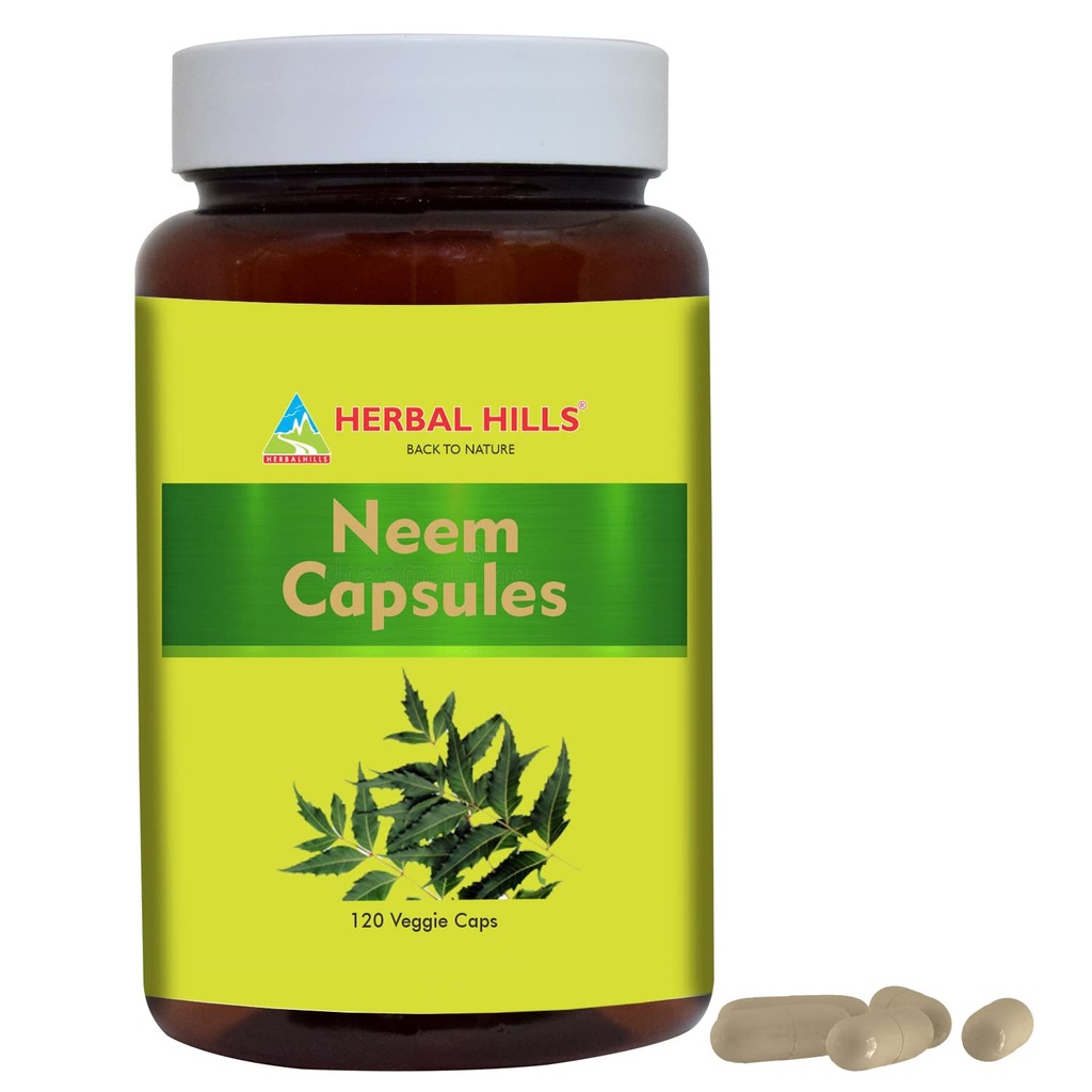 HERBAL HILLS Neem kapsułki 120 kapsułki Vegie kapsułki Neem Leaf Azadirachta Indica 700 mg proszek i mieszanina ekstraktu w kapsułce