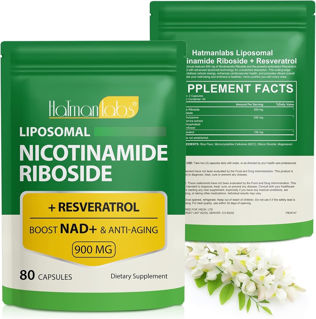 Suplement NAD, Liposomal NAD + Suplement z Nikotynamidem Riboside Resveratrol Wsparcie zdrowia komórkowego, Stamina & Zdrowe Starzenie - 80 Kapsułki