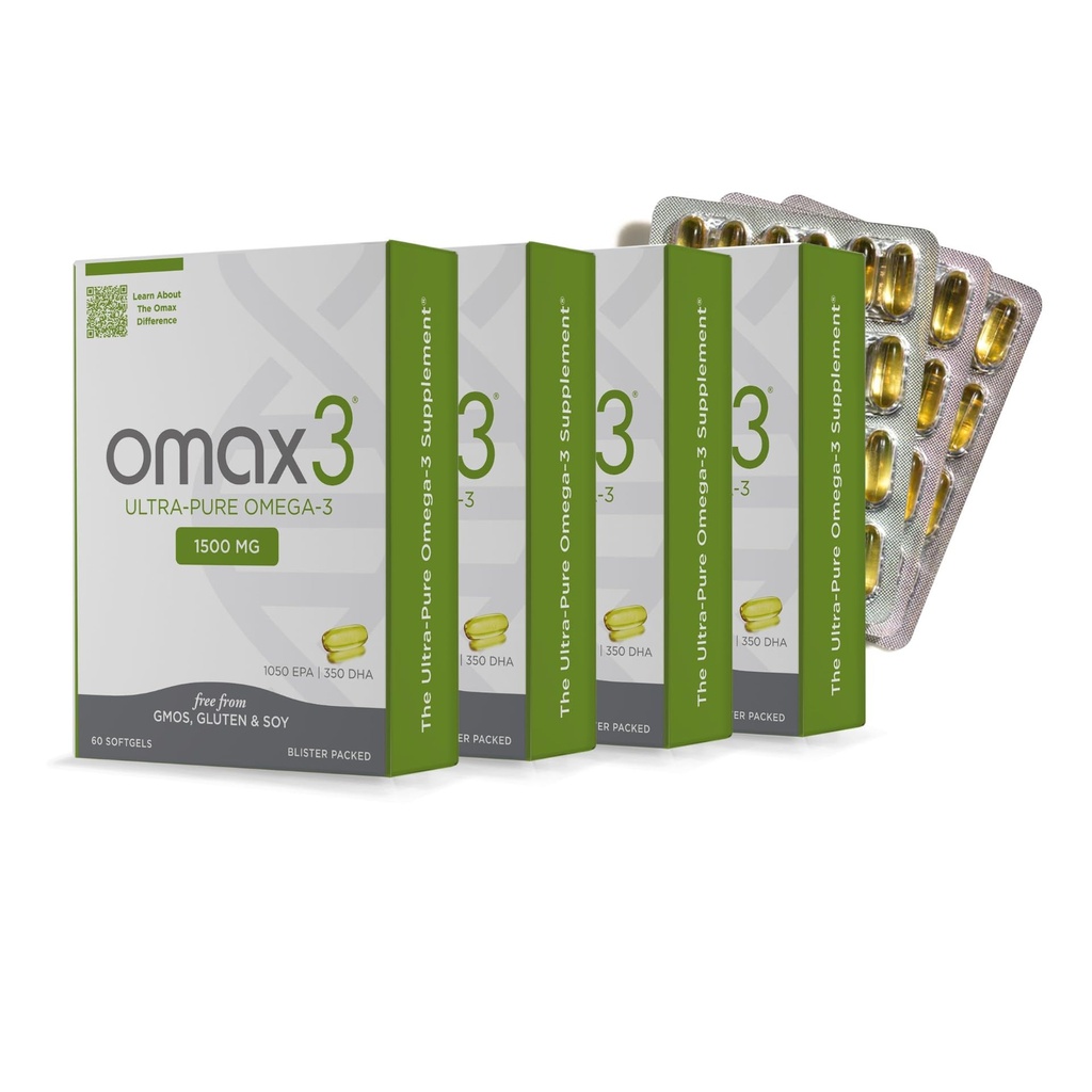 Omax3 Ultra-Pure Omega-3 Fish Oil Pills | High Concentration EPA DHA,1500 MG, Gluten Free, Non-GMO, Made in USA, 240 Softgels Blister Packs (4 Boxes)
