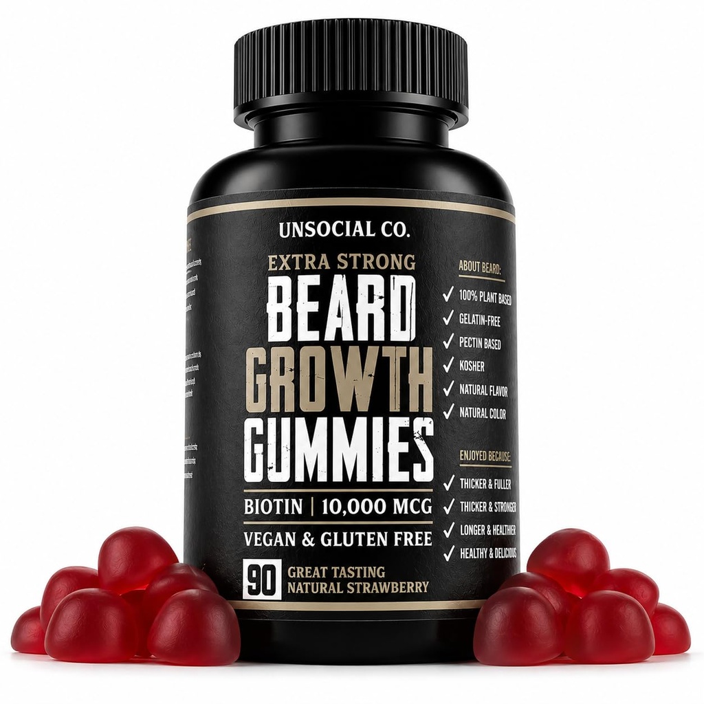Unsocial Co. Ekstra silny wzrost Bób Witaminy Gummies 124; Biotin 10000 MCG 124; Promocje Silny & Gruby wzrost włosów twarzy dla mężczyzn 124; Beard Gummies dla mężczyzn 124; Truskawka