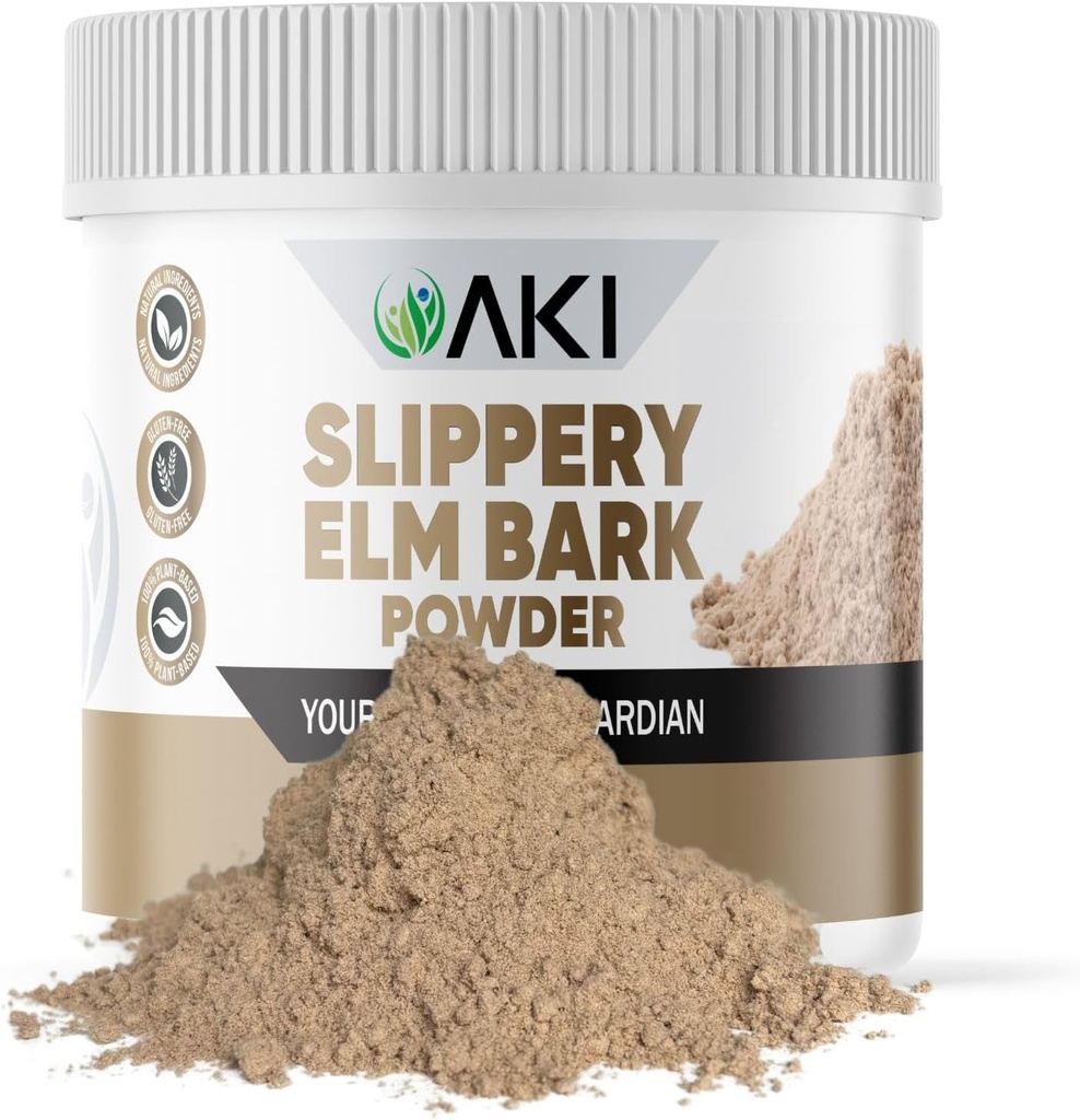 AKI Slippery Elm Bark Powder - Białko oparte na plantacjach, Remedy kojące do pożywienia Wellness & Gardło Comfort - Przyjazny weganom, Bez glutenu, Nie-GMO i wolne od sztucznych dodatków (4oz / 113g)