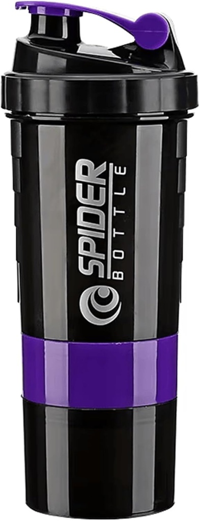 5 W 1 Butelka z shakerem białkowym - Butelka z serii Professional Shaker do shakes protein i przed treningiem siłowni butelki, z proszkiem do przechowywania, Kosz do kubełkowania, Piłka do mieszania, Kieliszek shakes (fioletowy)