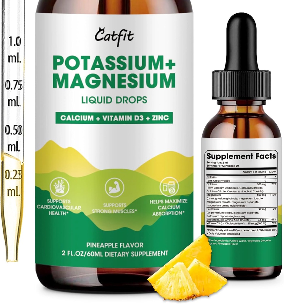 Potasu Magnezu Glycinate Supplement- Wysoka absorpcja Magnezu Złożona kropla płynna z wapniem, Potasu, Witamina D3 i Cynk do snu, Kurcze nóg, Mięśnie i Energia, Cukier wolny i Wegan 2 Fl Oz