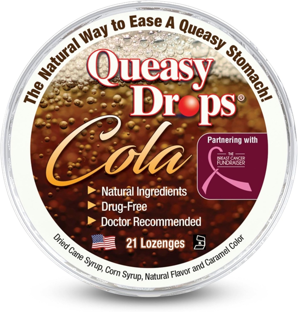 Trzy Lollies Qufax Drops - Cola Flavor - Ulga od Nudności i choroby podróżnych, Soothes a Dry Mouth & Settles Stomach - Naturalne składniki - 21