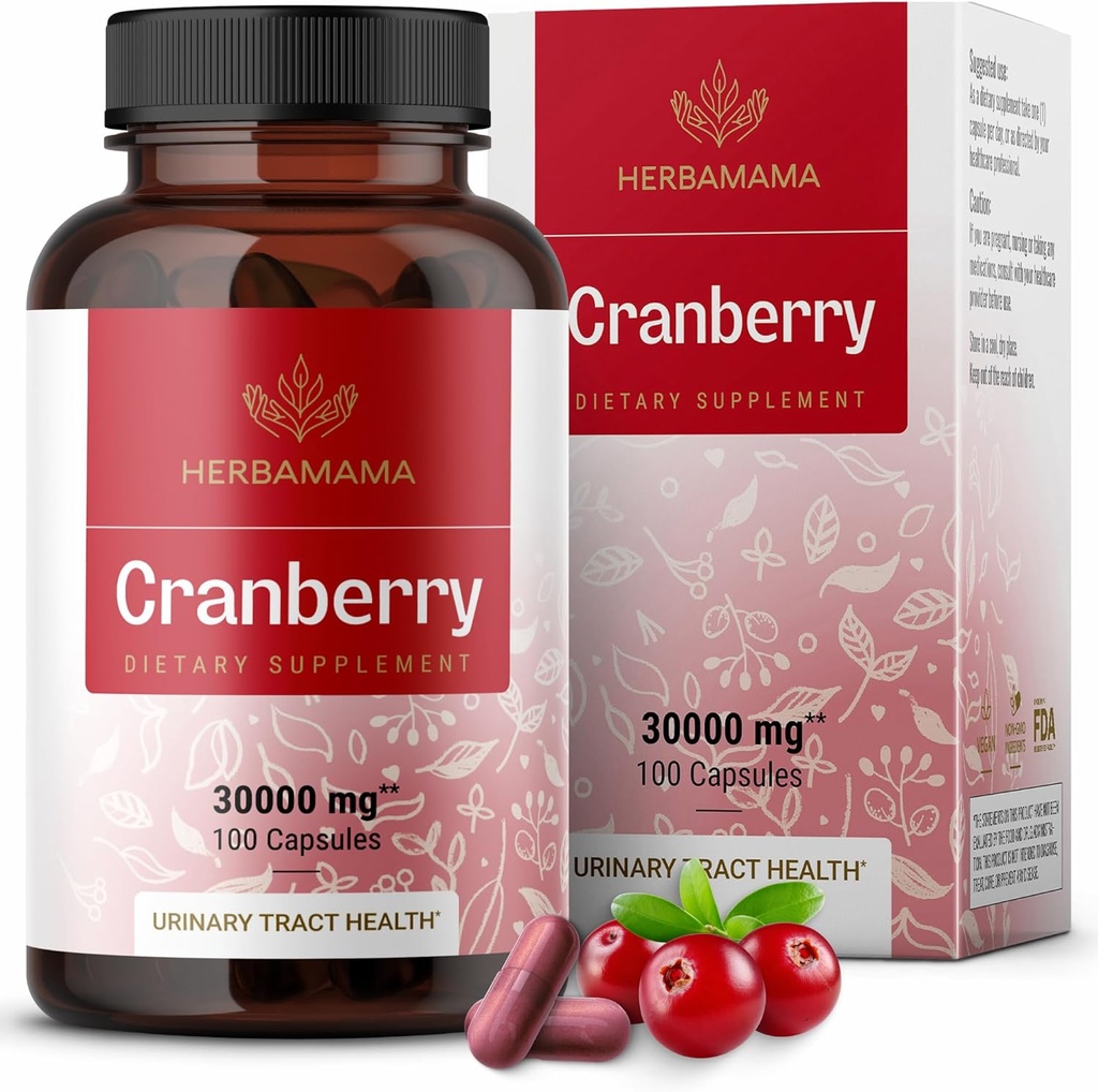 HERBAMAMA Cranberry Extract Kapsułki - 30,000mg Cranberry Powder for Urnary Tract Support - Wegan, Nie-GMO Bladder Supplement, 100 Czapki